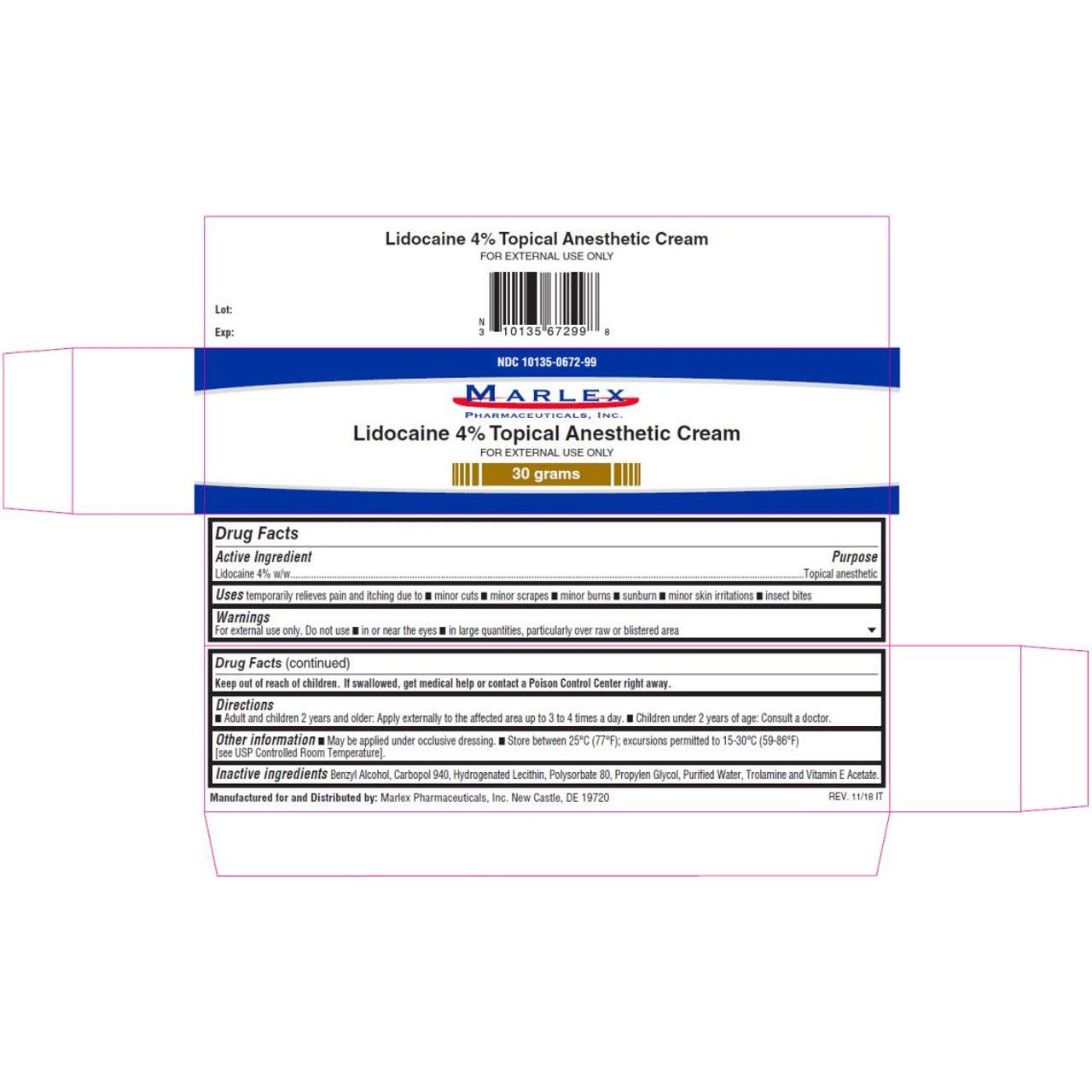 Marlex Pharmaceuticals Lidocaine 4% Topical Anesthetic Cream Pain & Itch Relief Cream 30g