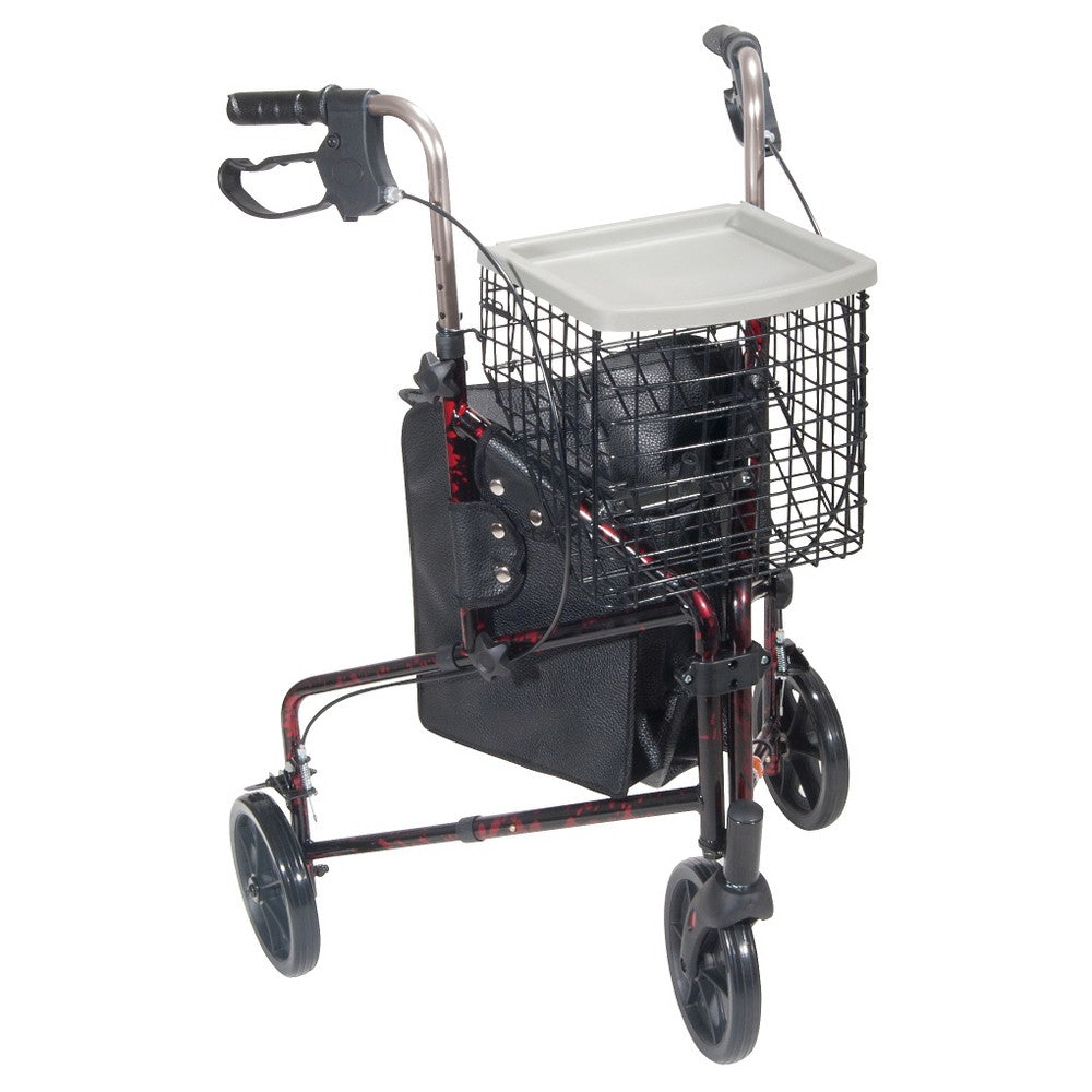 Drive Medical 3 Wheel Walker Rollator With Basket Tray And Pouch, Flame Red
