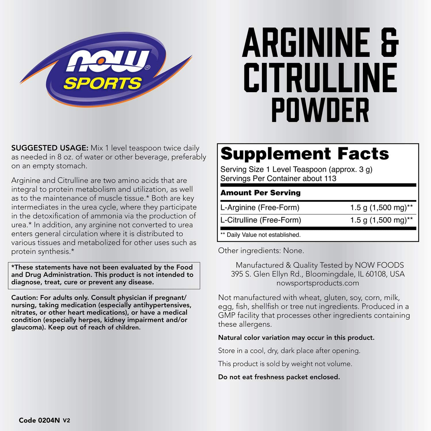 Now Sports Arginine & Citrulline 500 mg / 250 mg - 120 Vcaps - 0037 - 2 Pack
