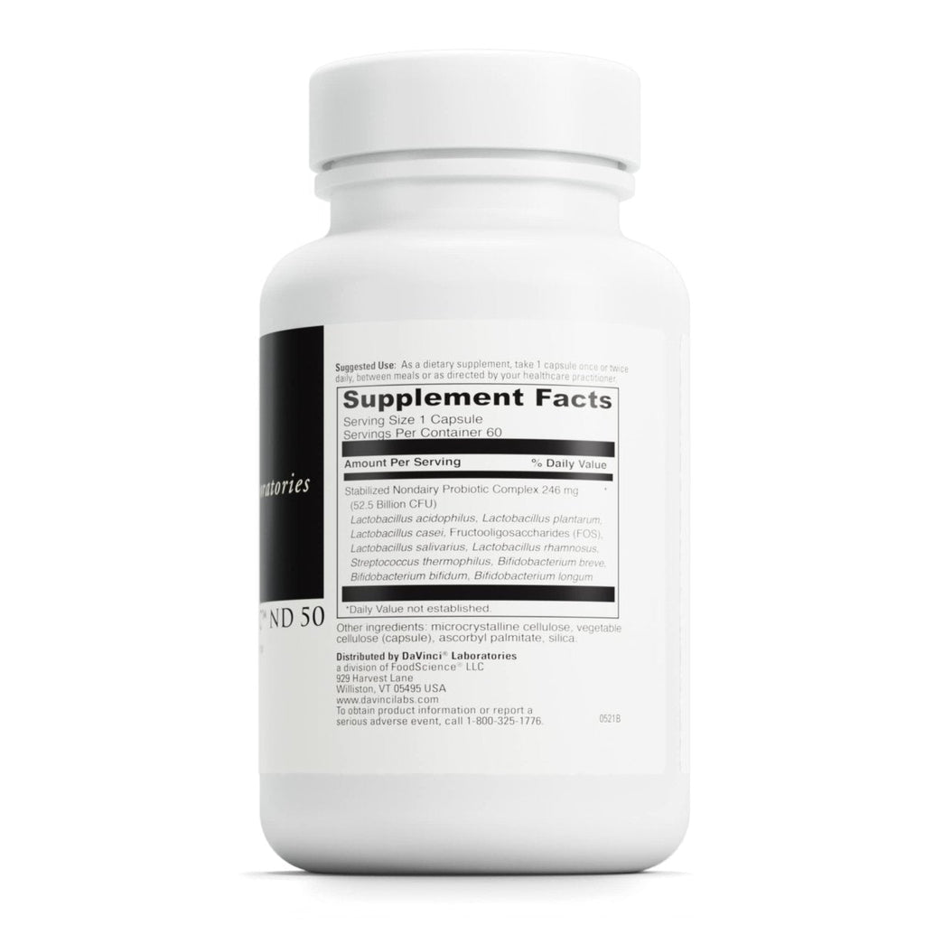 DaVinci Labs Mega Probiotic ND 50 - Non-Dairy Probiotic Supplement with Prebiotic to Support Digestive Health and Immune System - With Nondairy Probiotic Complex - Gluten-Free - 60 Vegetarian Capsules