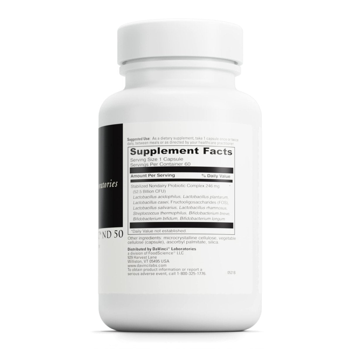 DaVinci Labs Mega Probiotic ND 50 - Non-Dairy Probiotic Supplement with Prebiotic to Support Digestive Health and Immune System - With Nondairy Probiotic Complex - Gluten-Free - 60 Vegetarian Capsules