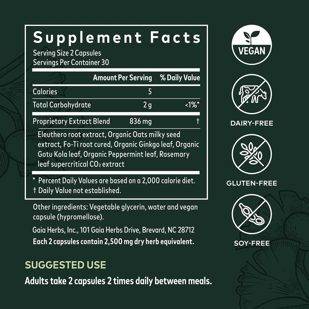 Gaia Herbs Mental Alertness - Brain Support Supplement to Help Maintain Focus & Memory* - with Eleuthero, Ginkgo Leaf, Gotu Kola, Rosemary & Oats - 60 Vegan Liquid Phyto-Capsules (15-Day Supply)
