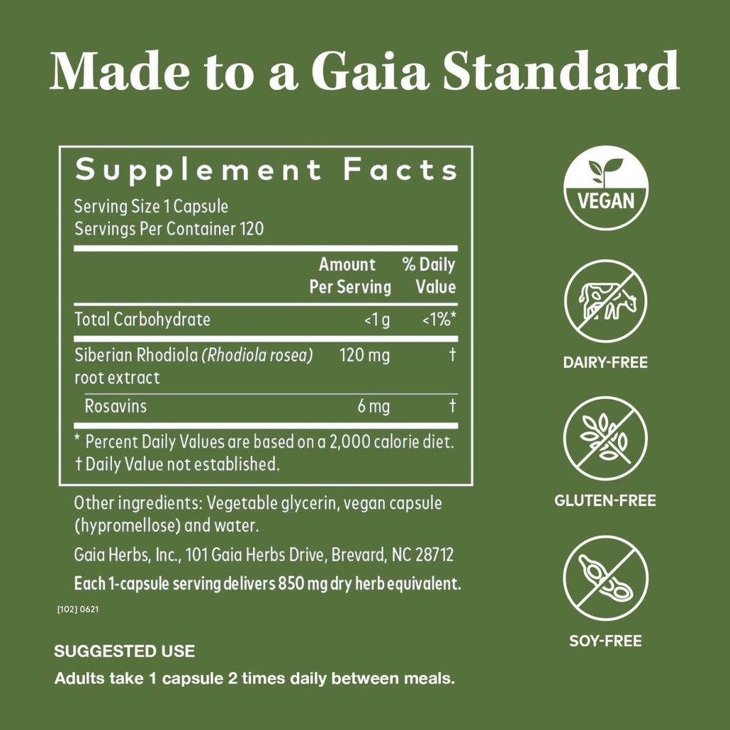 Gaia Herbs Rhodiola Rosea - Stress Support Supplement Traditionally for Supporting Healthy Stamina and Endurance - with Siberian Rhodiola Root Extract - 60 Vegan Liquid Phyto-Capsules (30-Day Supply)