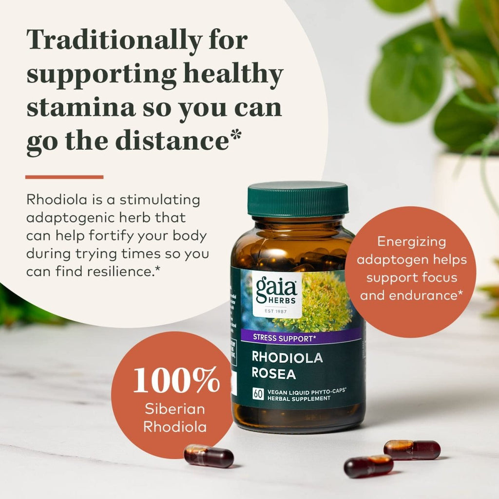 Gaia Herbs Rhodiola Rosea - Stress Support Supplement Traditionally for Supporting Healthy Stamina and Endurance - with Siberian Rhodiola Root Extract - 60 Vegan Liquid Phyto-Capsules (30-Day Supply)