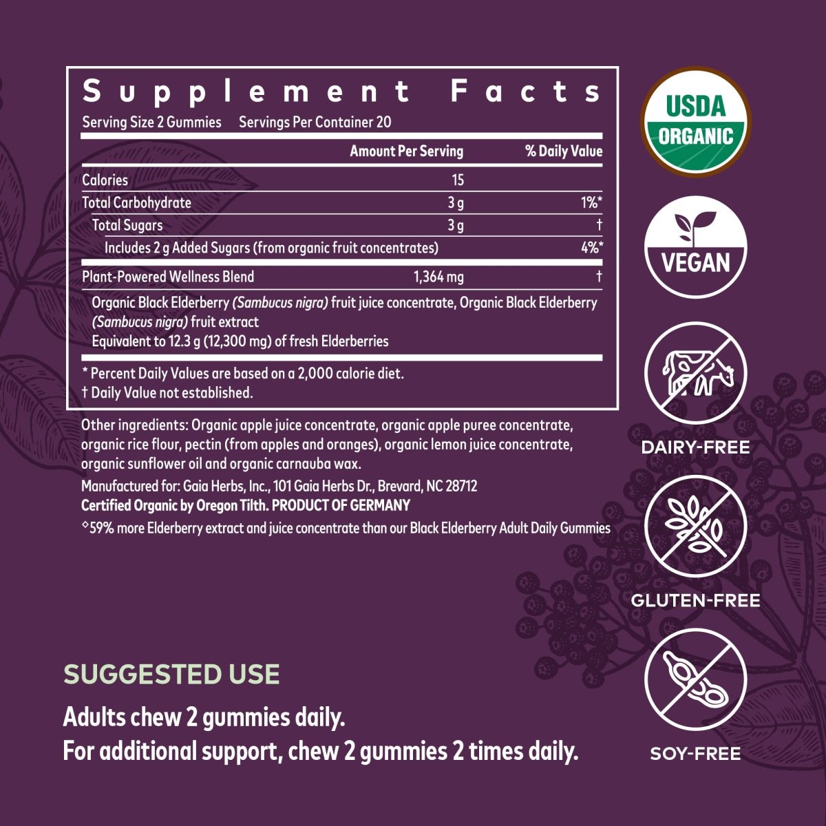 Gaia Herbs Black Elderberry Extra Strength Gummies - Immune Support with Certified Organic Black Elderberries - 40 Gummies