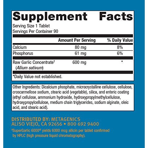 Metagenics SuperGarlic 6000, Concentrated Garlic Supplement, 6000 mcg Allicin Per Tablet to Help Support Healthy Triglycerides - 90 Count
