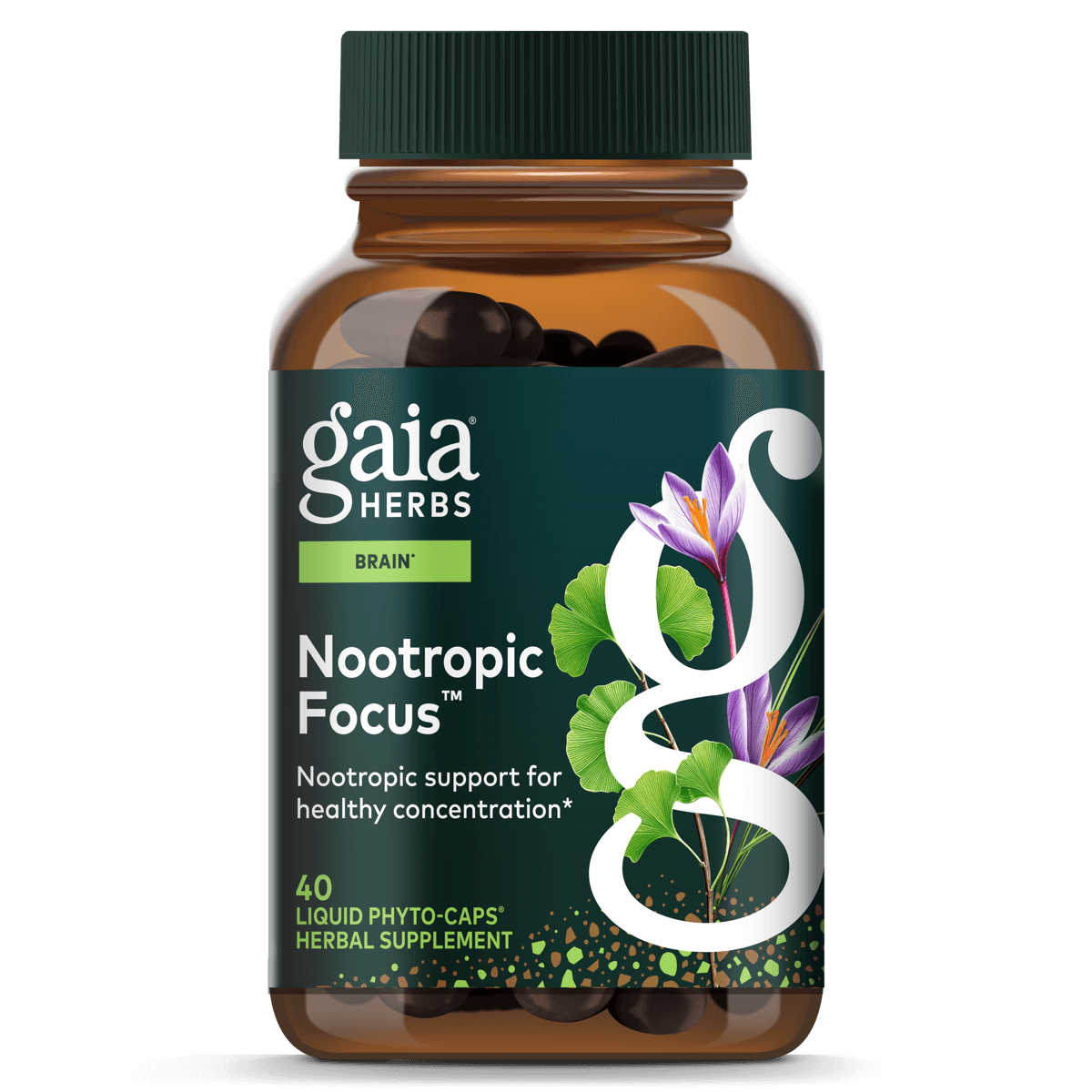 Gaia Herbs Nootropic Focus - Brain & Cognitive Support Supplement to Help Maintain Healthy Concentration* - with Saffron, Lemon Balm & Spearmint - 20 Liquid Phyto-Capsules (Up to 10-Day Supply)