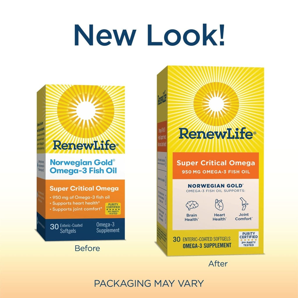 Renew Life Fish Oil, Norwegian Gold Omega-3 Supplement ? 950mg Critical Omega-3 Fish Oil Supplement, Dairy & Gluten Free, Supports Healthy Heart & Brain Function, Burp-Free - 30 Soft Gel Capsules