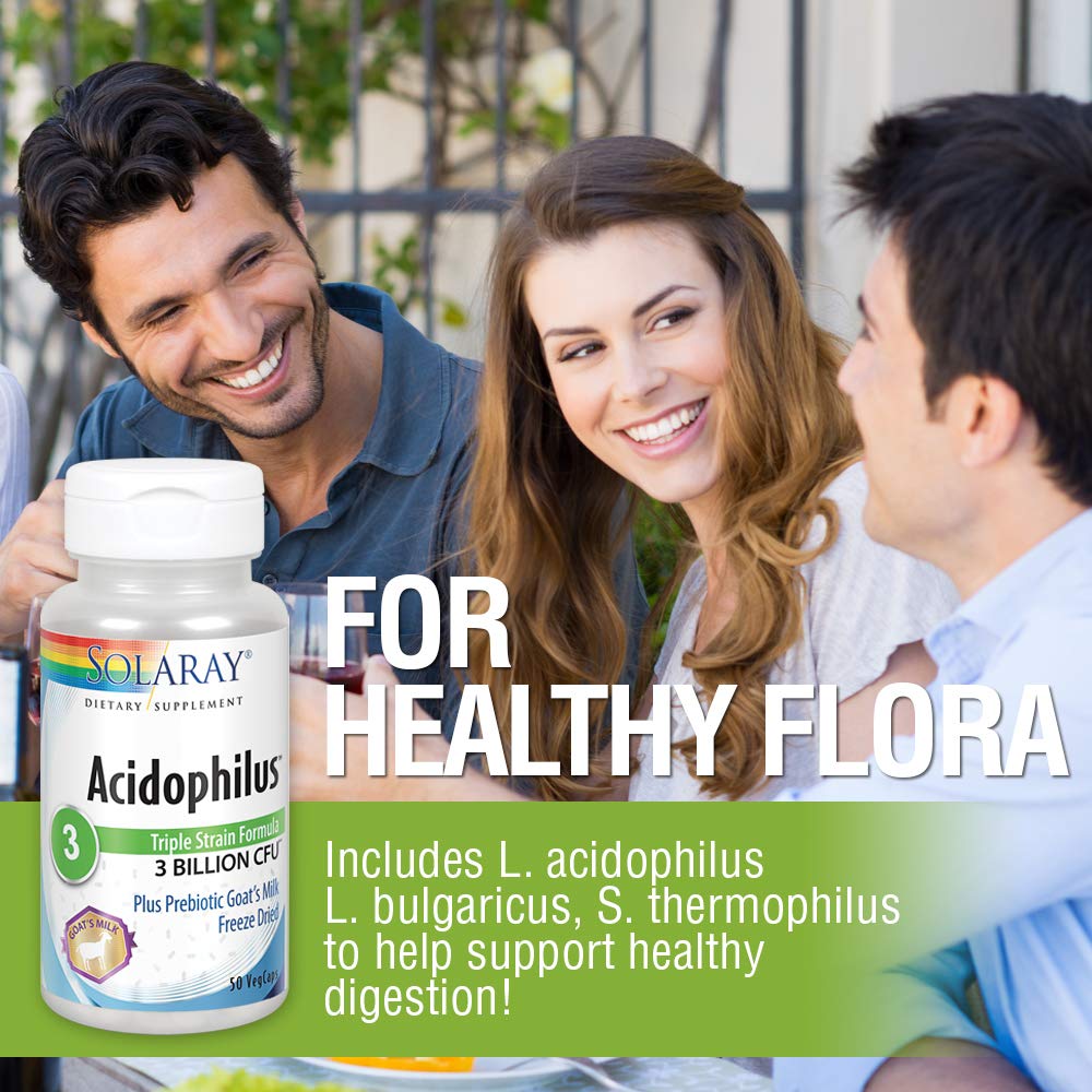SOLARAY Acidophilus 3 Strain Probiotic & Prebiotic Goats Milk | 3 Billion CFU & Freeze Dried | 50 VegCaps