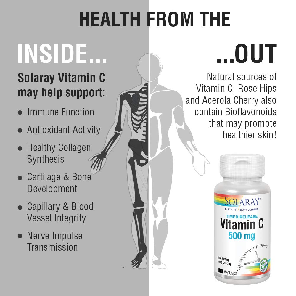 SOLARAY C w/Rose Hips & Acerola Two-Stage, Timed-Release, Veg Cap (Btl-Plastic) 500mg | 100ct
