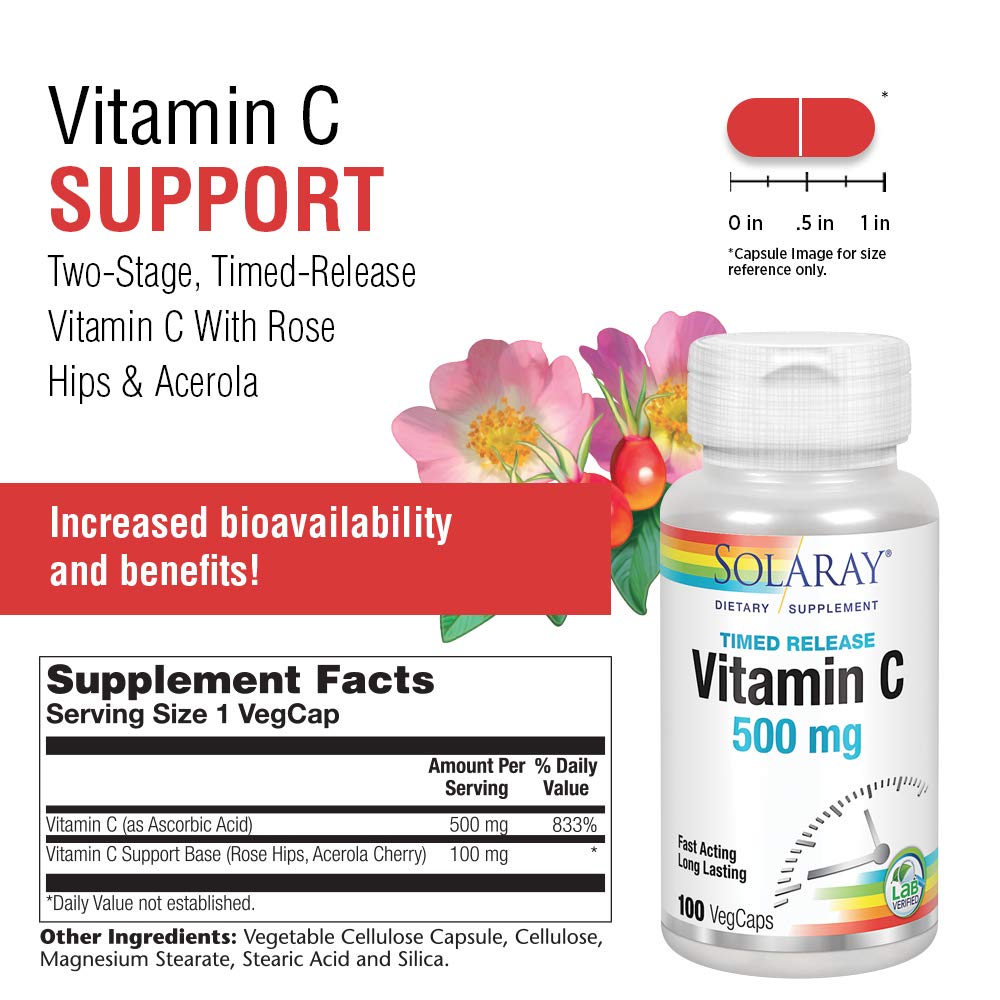 SOLARAY C w/Rose Hips & Acerola Two-Stage, Timed-Release, Veg Cap (Btl-Plastic) 500mg | 100ct