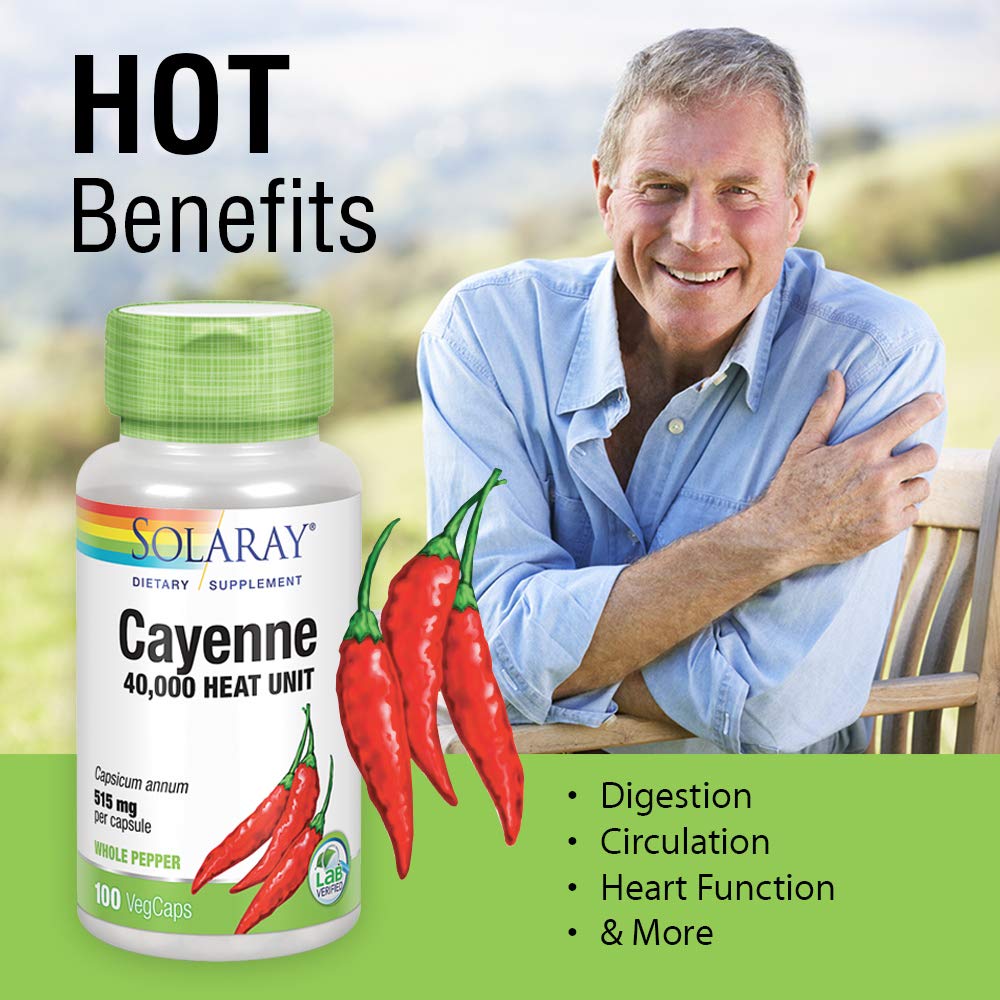 SOLARAY Cayenne Pepper 515 mg | 40,000 Heat Unit | Healthy Digestion, Circulation, Metabolism & Cardiovascular Support | Non-GMO | 100 VegCaps