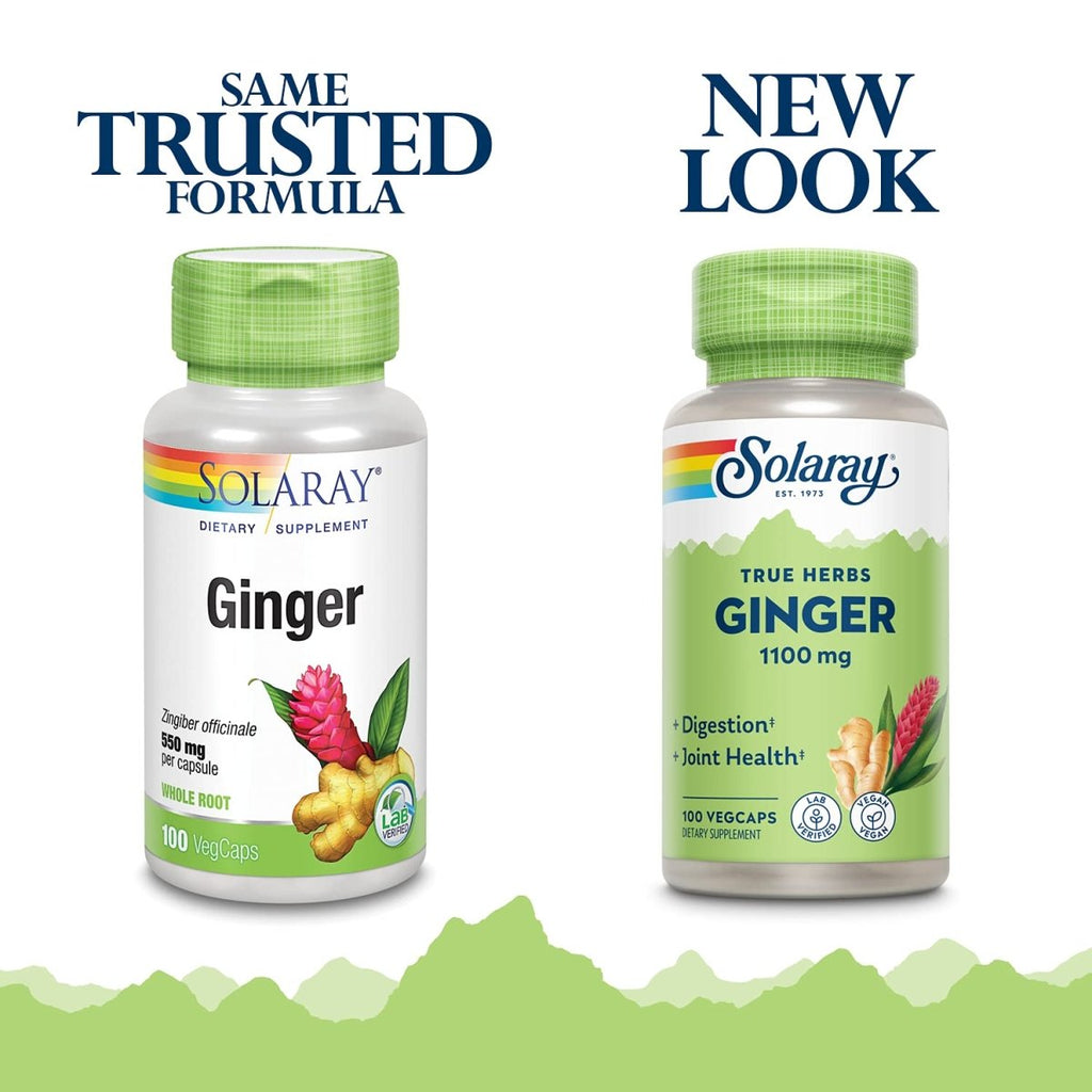 SOLARAY Ginger Root 1100mg | Healthy Digestion, Joints and Motion & Stomach Discomfort Support | Whole Root | Non-GMO & Vegan | 100 VegCaps