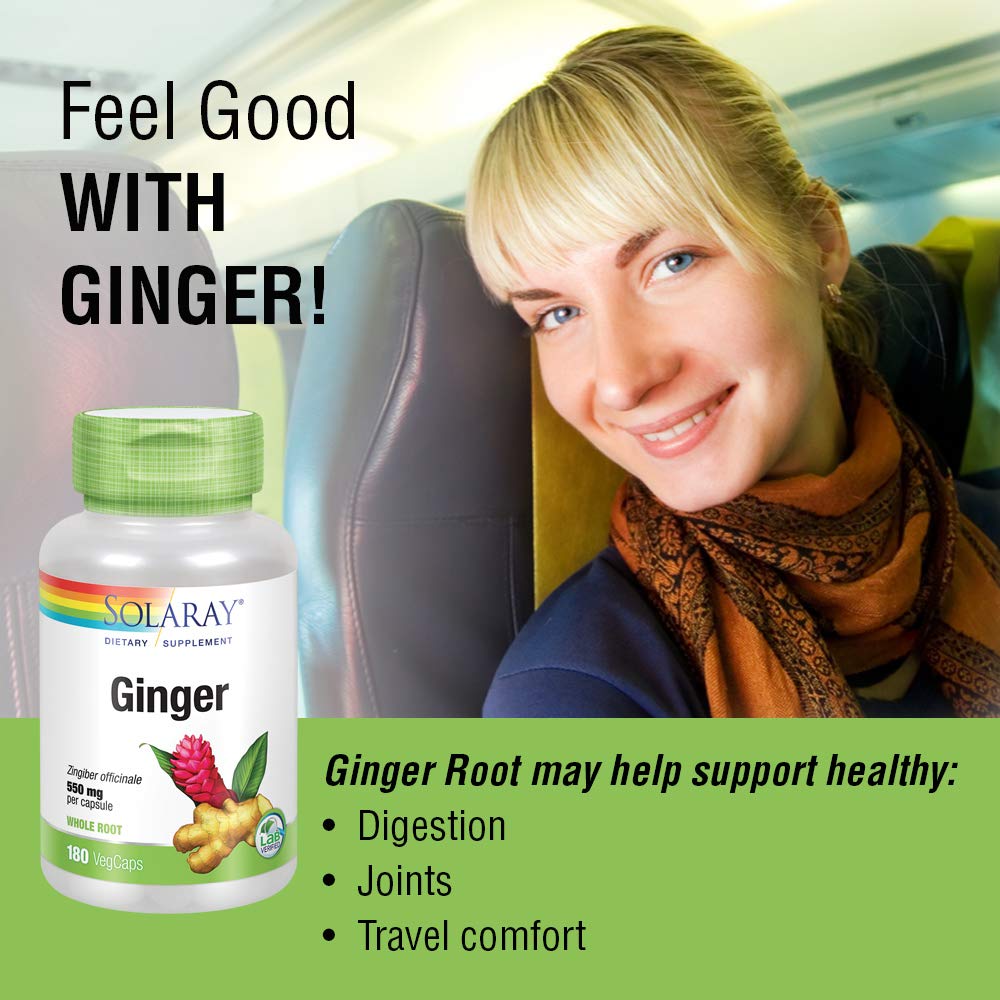 SOLARAY Ginger Root 1100mg | Healthy Digestion, Joints and Motion & Stomach Discomfort Support | Whole Root | Non-GMO & Vegan | 180 VegCaps