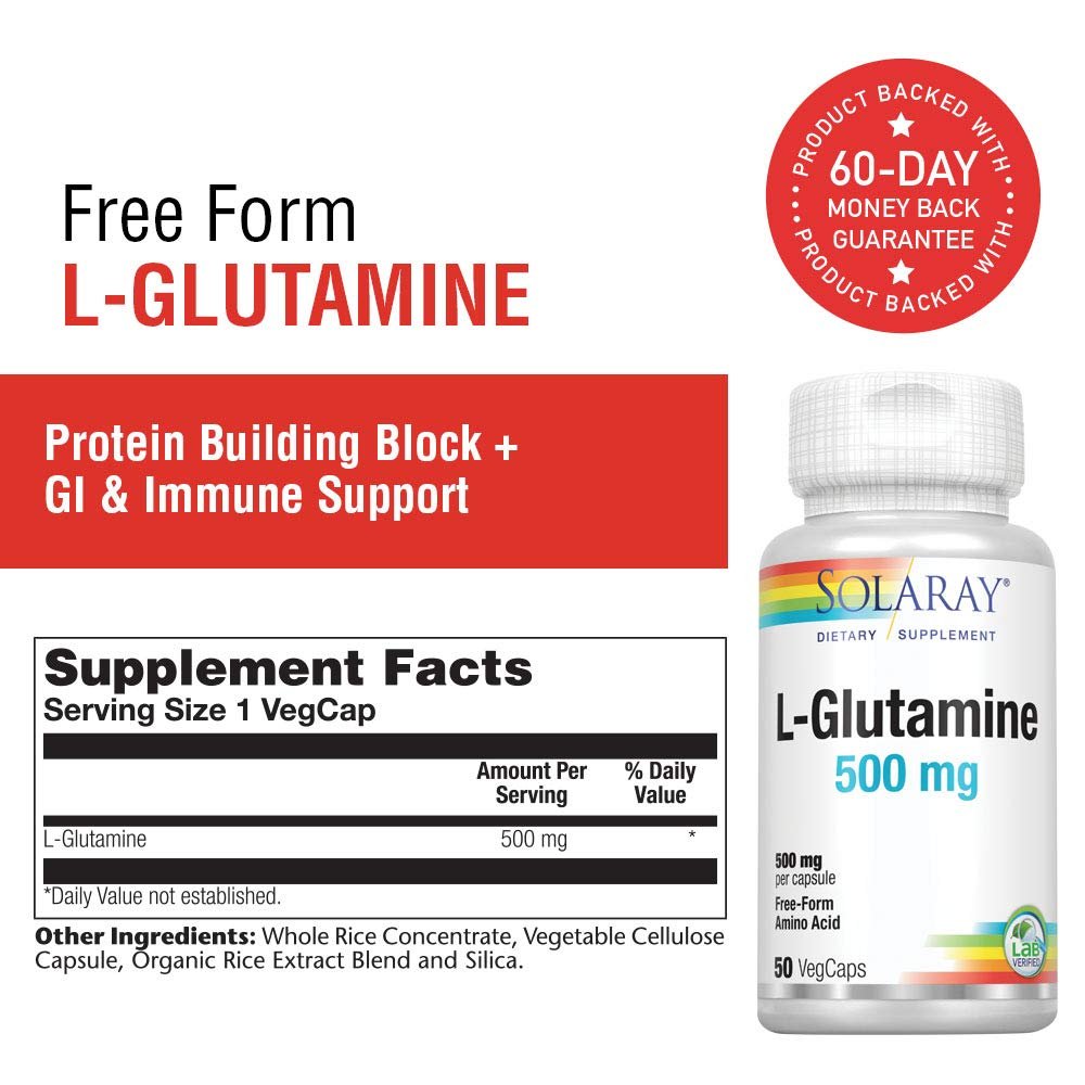 SOLARAY L-Glutamine 500mg - 50 VegCaps | Muscle Recovery & Immune Support