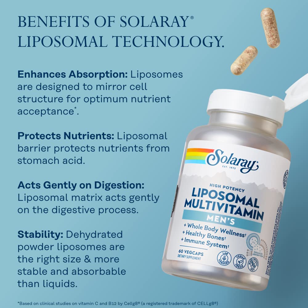 SOLARAY Liposomal Multivitamin for Men, Enhanced Absorption Immune, Energy & Bone Support, Mens Daily Multi Vitamin, BCAA?s, Vitamin D3, C, B12, Zinc, Vegan, Soy Free, 30 Servings, 60 VegCaps