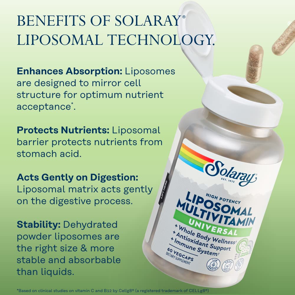 SOLARAY Liposomal Multivitamin for Men & Women, High Potency, Enhanced Absorption Vitamin C, Vitamin D, Biotin, Methyl B-12, Odor Neutral & Gentle Digestion, 30 Servings, 60 VegCaps