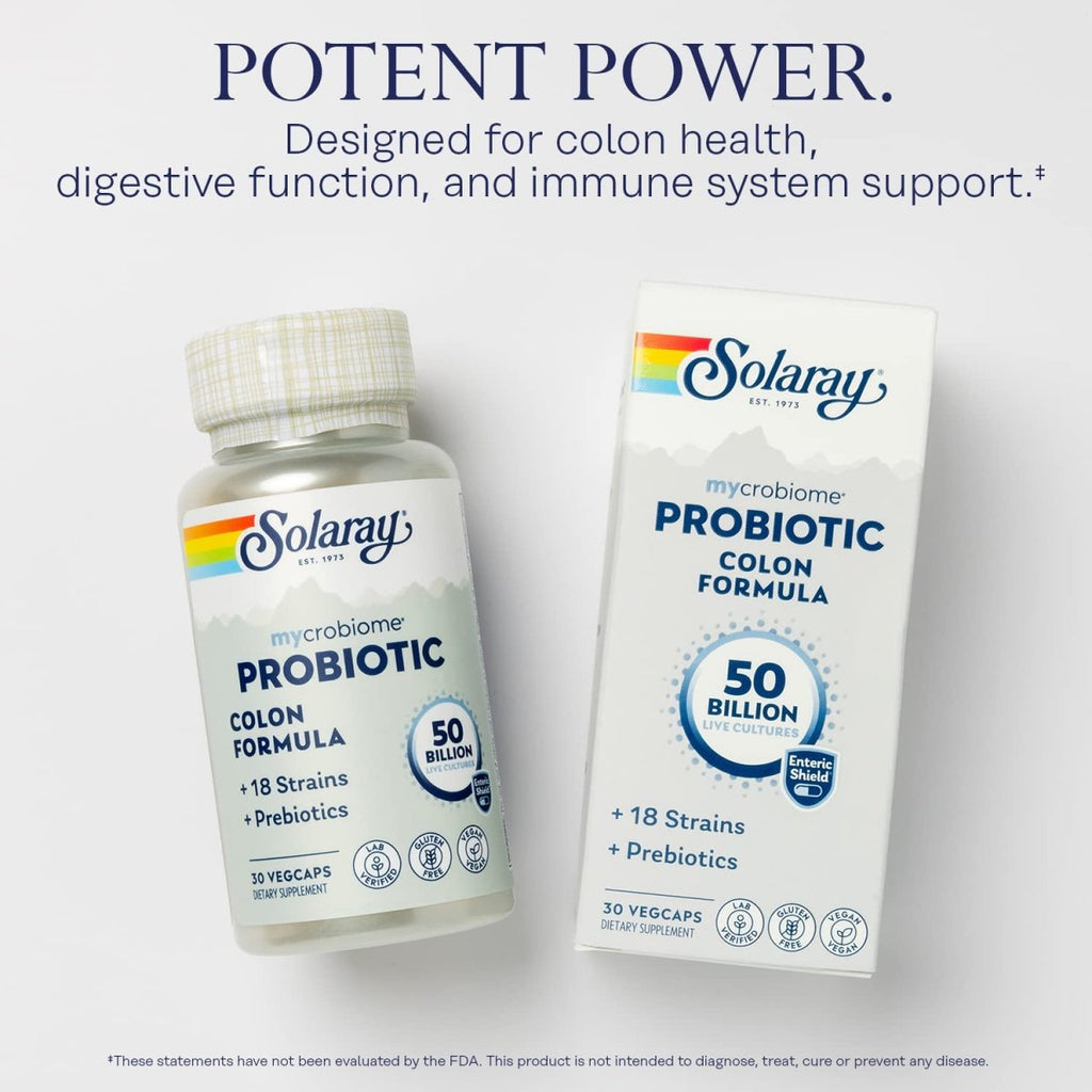 SOLARAY Mycrobiome Probiotic Colon Formula, Vegan, Digestive Function, Colon Health, and Immune System Support, 50 Billion CFU, 18 Strains, Prebiotic Inulin, 60-Day Guarantee, 30 Servings, 30 VegCaps