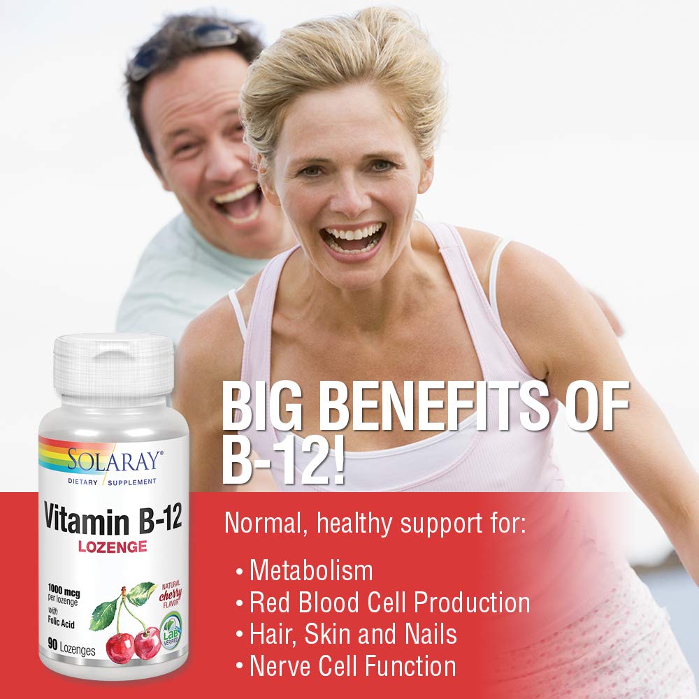SOLARAY Vitamin B-12 1000mcg Lozenges with Folic Acid | Natural Cherry Flavor | Healthy Energy Support | 90CT