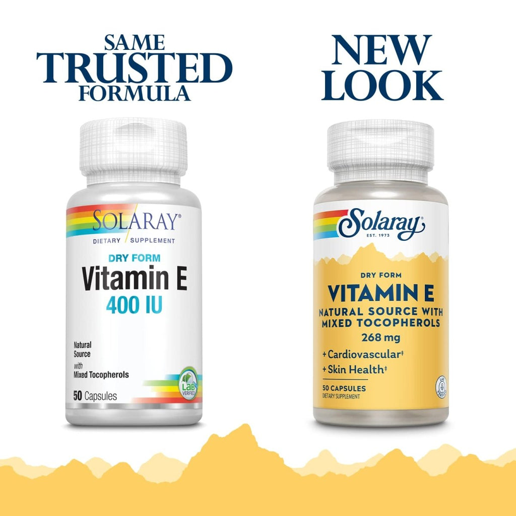 SOLARAY Vitamin E, Dry 400 IU w/Mixed Tocopherols | Non-Oily | Healthy Cardiac Function, Antioxidant Activity & Skin Health Support | 50 Capsules