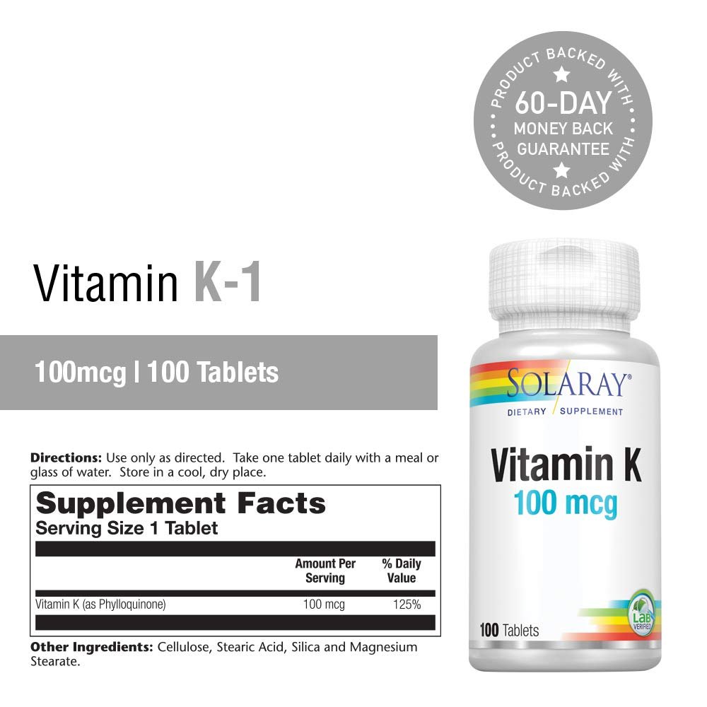 SOLARAY Vitamin K-1 100mcg | Healthy Bone Structure, Blood Clotting, Protein Synthesis Support | Non-GMO, Vegan & Lab Verified | 100 Tablets
