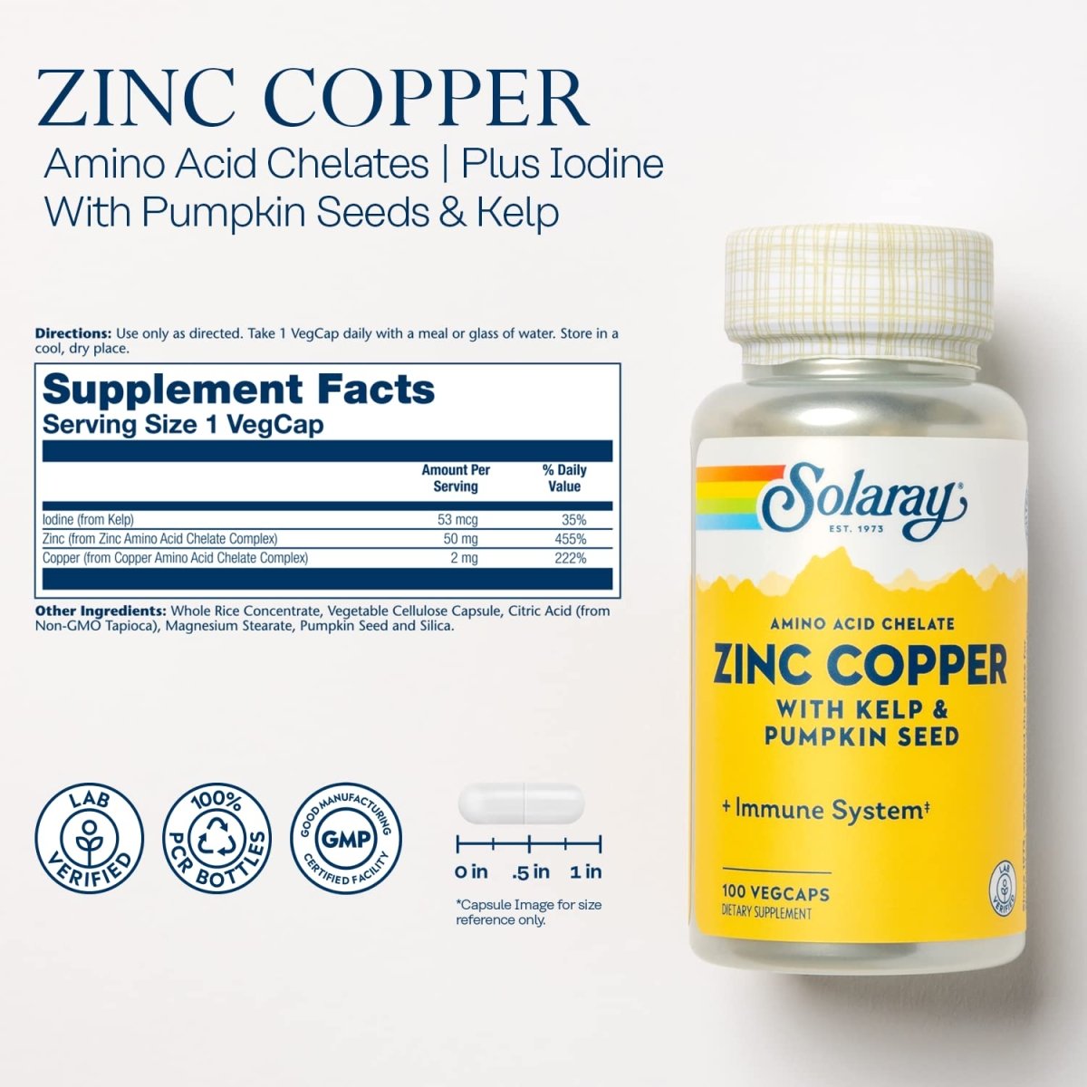 Solaray Zinc Copper Amino Acid Chelate - 100 VegCaps  47105